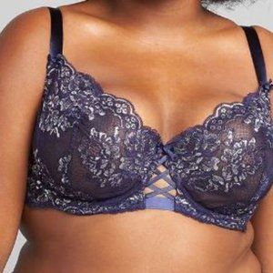 NEW CACIQUE BRAND LACE TRIM BOW BRA 46 DDD DARK BLUE NAVY